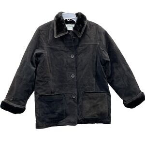 Haband Barn Chore Leather Jacket Women's Med Fur Collar Shearling Trim Work Coat